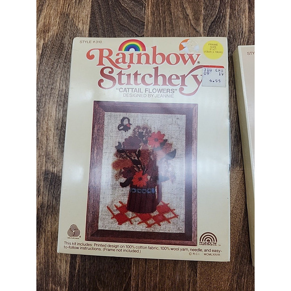 Vtng 2 Rainbow Stitchery Embroidery Crewel Cattail Bouquet/Posy Basket 1978 - Picture 2 of 4